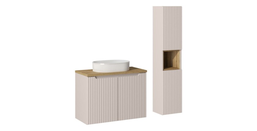 Ensemble VANO cachemire et chêne 110cm : meuble sous vasque à placards + vasque à poser rainurée blanche + colonne