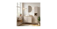 Ensemble VANO cachemire et chêne 110cm : meuble sous vasque à placards + vasque à poser rainurée blanche + colonne