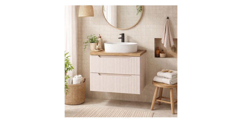 Ensemble VANO cachemire et chêne 80cm : meuble sous vasque à tiroirs + plan pour vasque + vasque à poser rainurée blanche