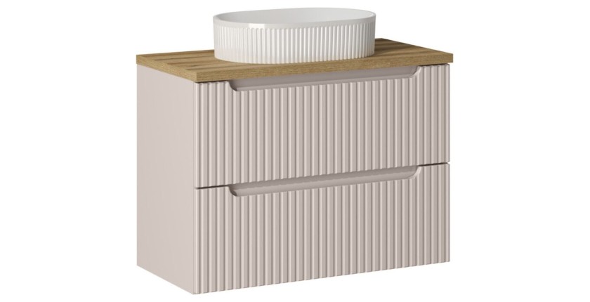 Ensemble VANO cachemire et chêne 80cm : meuble sous vasque à tiroirs + plan pour vasque + vasque à poser rainurée blanche