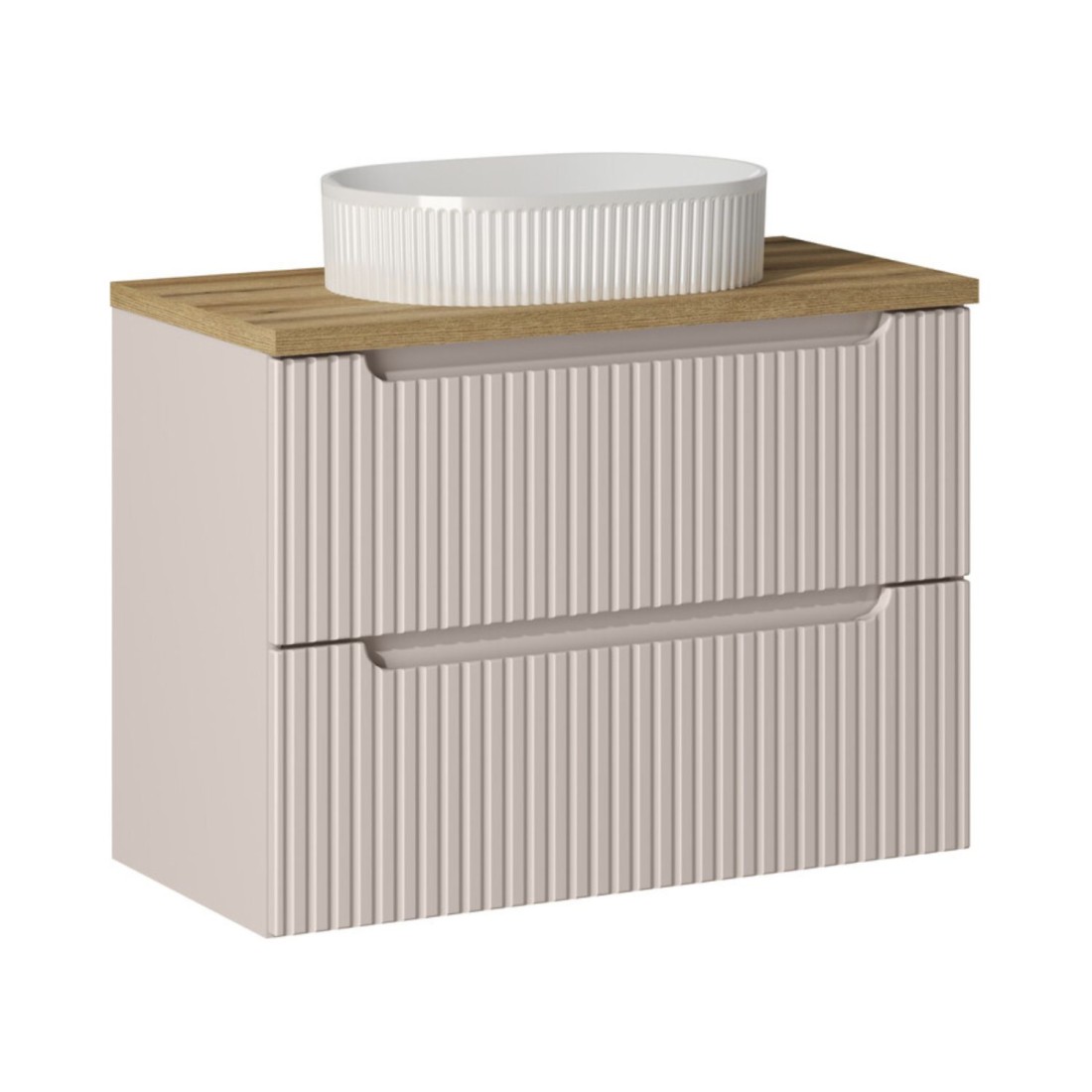 Ensemble VANO cachemire et chêne 80cm : meuble sous vasque à tiroirs + plan pour vasque + vasque à poser rainurée blanche