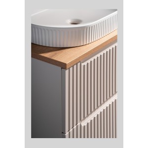 Ensemble VANO cachemire et chêne 80cm : meuble sous vasque à tiroirs + plan pour vasque + vasque à poser rainurée blanche