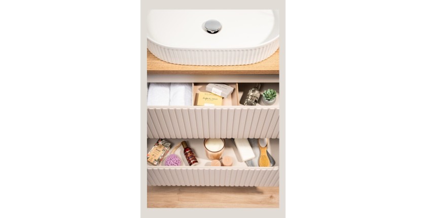 Ensemble VANO cachemire et chêne 80cm : meuble sous vasque à tiroirs + plan pour vasque + vasque à poser rainurée blanche