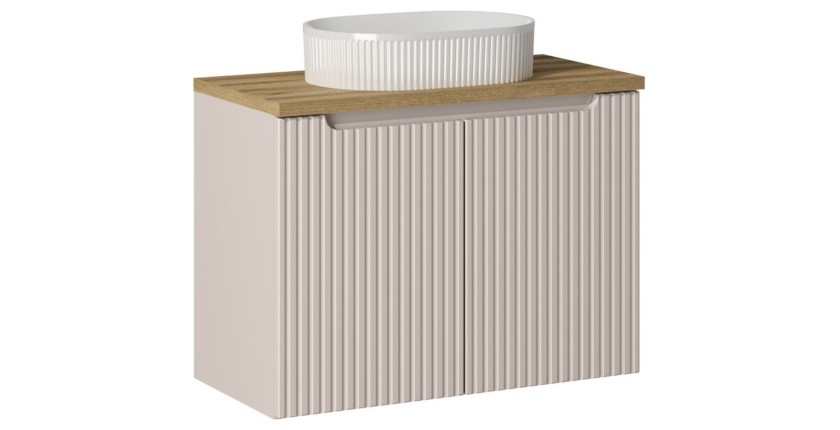 Ensemble VANO cachemire et chêne 80cm : meuble sous vasque à placards + plan pour vasque + vasque à poser rainurée blanche