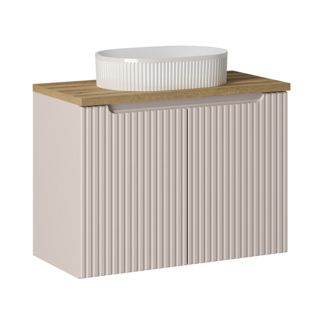 Ensemble VANO cachemire et chêne 80cm : meuble sous vasque à placards + plan pour vasque + vasque à poser rainurée blanche