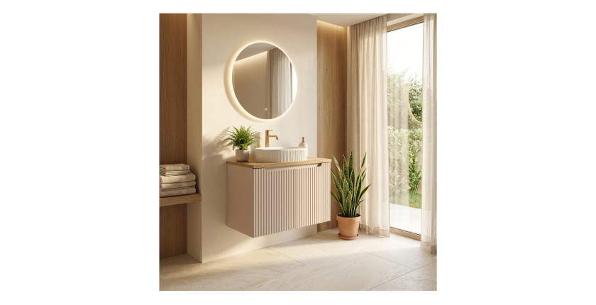 Ensemble VANO cachemire et chêne 80cm : meuble sous vasque à placards + plan pour vasque + vasque à poser rainurée blanche