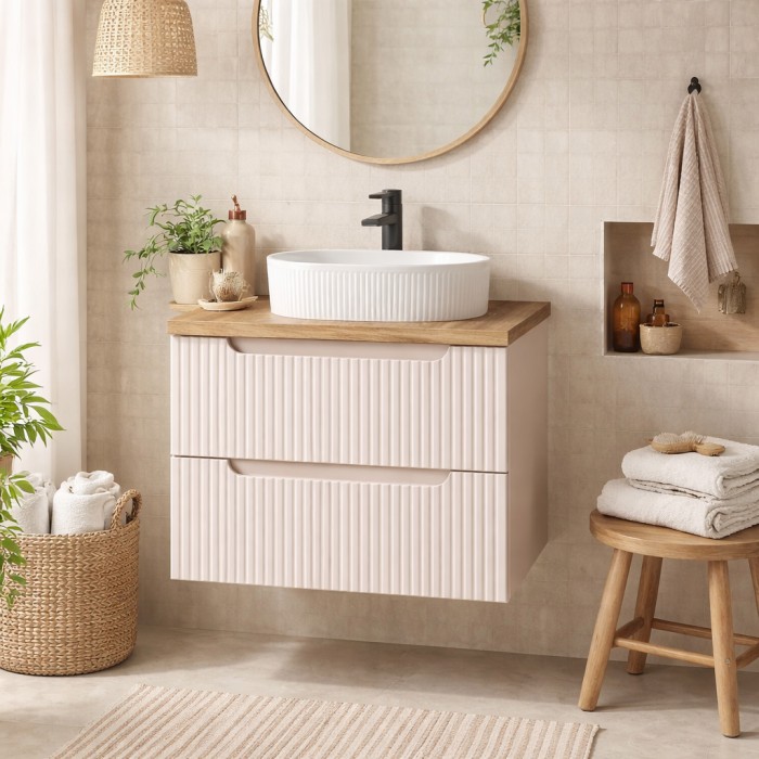 Badezimmer-Set VANO Kaschmir und Eiche 80cm: Waschtischunterschrank mit vertikal gerillten Schubladen + Platte für Waschbecken