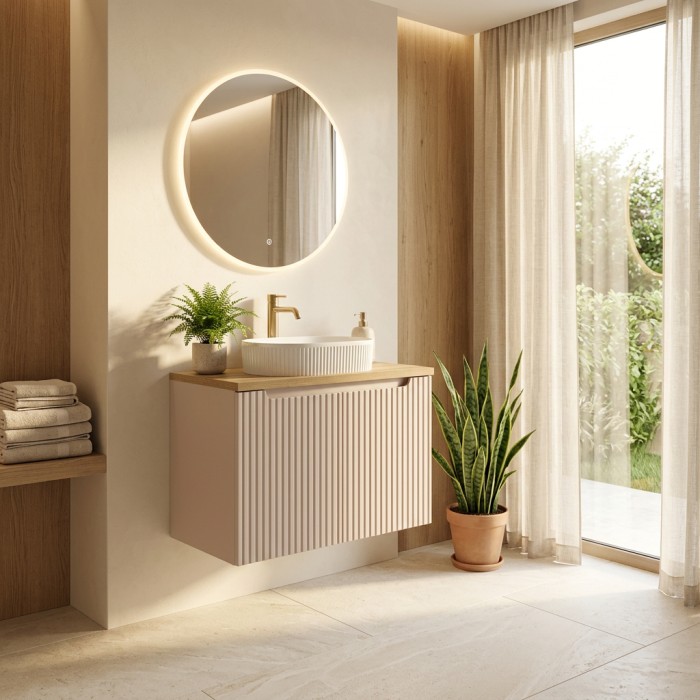 Badezimmer-Set VANO Kaschmir und Eiche 80cm: Waschtischunterschrank mit vertikal gerillten Schranktüren + Platte für Waschbecken