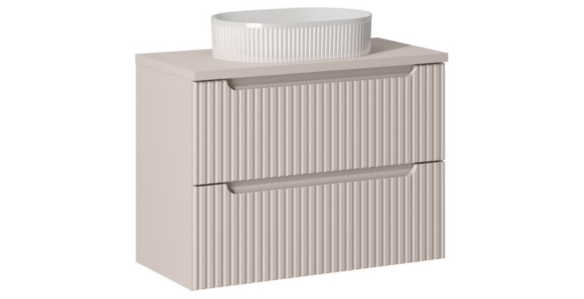 Ensemble VANO cachemire mat 80cm : meuble sous vasque à tiroirs + plan pour vasque + vasque à poser rainurée blanche