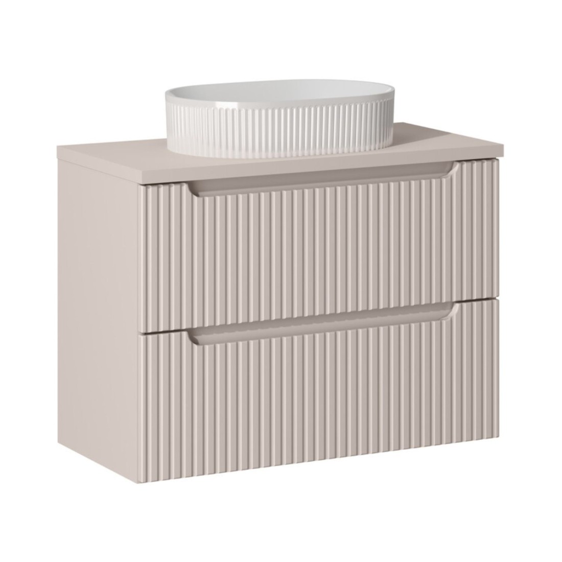 Ensemble VANO cachemire mat 80cm : meuble sous vasque à tiroirs + plan pour vasque + vasque à poser rainurée blanche