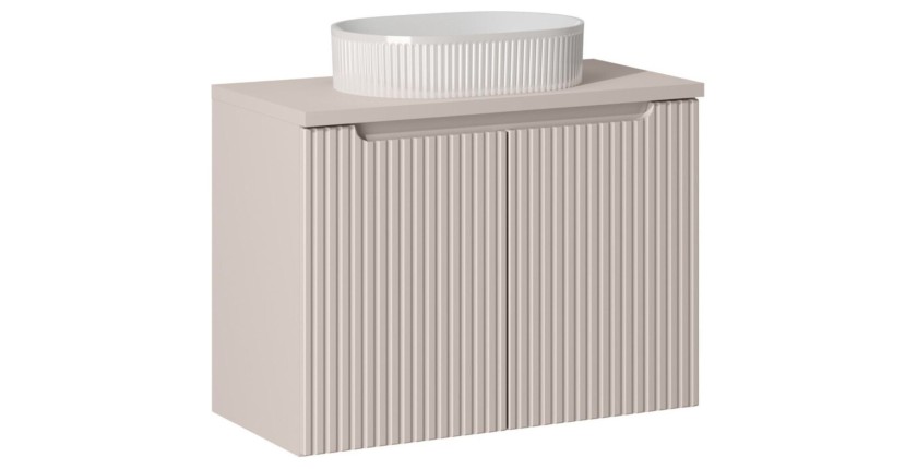 Ensemble VANO cachemire mat 80cm : meuble sous vasque à placards + plan pour vasque + vasque à poser rainurée blanche