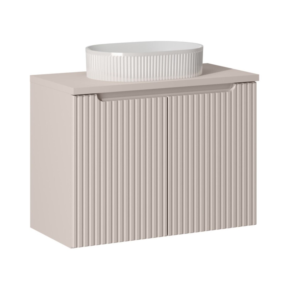 Ensemble VANO cachemire mat 80cm : meuble sous vasque à placards + plan pour vasque + vasque à poser rainurée blanche