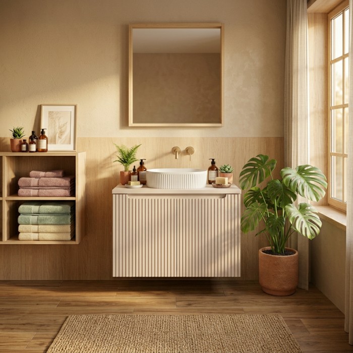 Ensemble VANO kasjmier mat 80cm: onderkast met kasten + bovenblad voor wastafel + opbouw wastafel met groeven wit