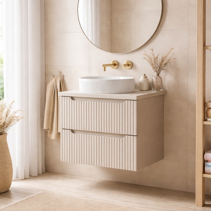 Conjunto de baño suspendido VANO cachemira mate 80cm: mueble bajo lavabo con cajones ranurados + encimera para lavabo