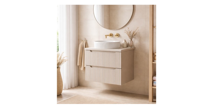 Ensemble VANO cachemire 80cm : meuble sous vasque à tiroirs et plan pour vasque mis en situation