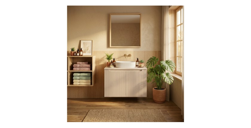 Ensemble VANO cachemire 80cm : meuble sous vasque à placards et plan pour vasque mis en situation