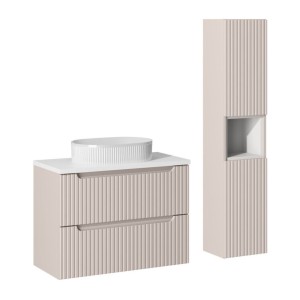 Ensemble VANO cachemire et blanc 110cm : meuble sous vasque, vasque à poser rainurée et colonne