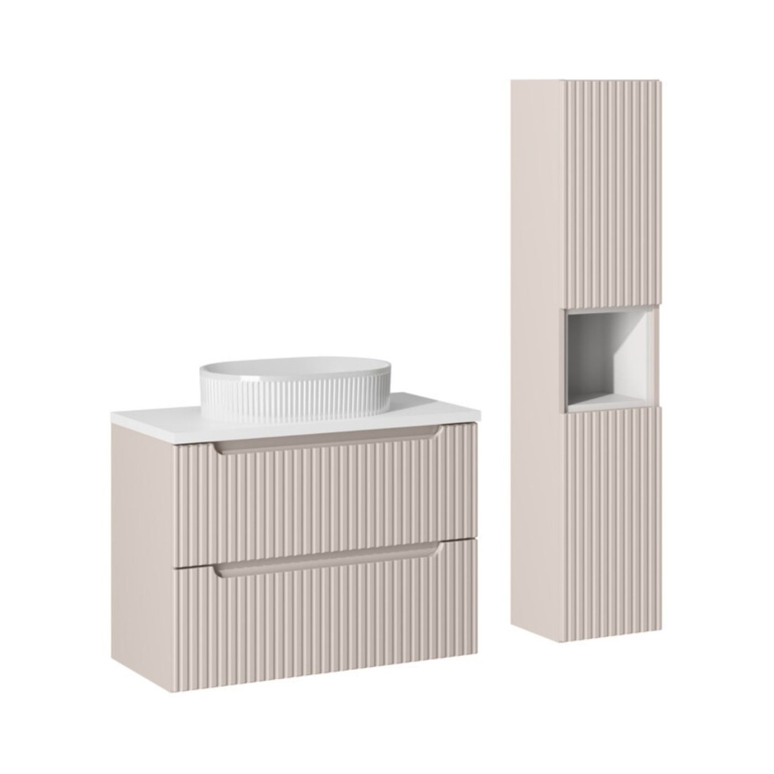 Ensemble VANO cachemire et blanc 110cm : meuble sous vasque, vasque à poser rainurée et colonne