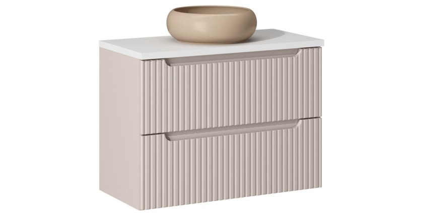 Ensemble VANO cachemire et blanc 80cm : meuble sous vasque à tiroirs + plan pour vasque + vasque à poser ronde marron cappuccino