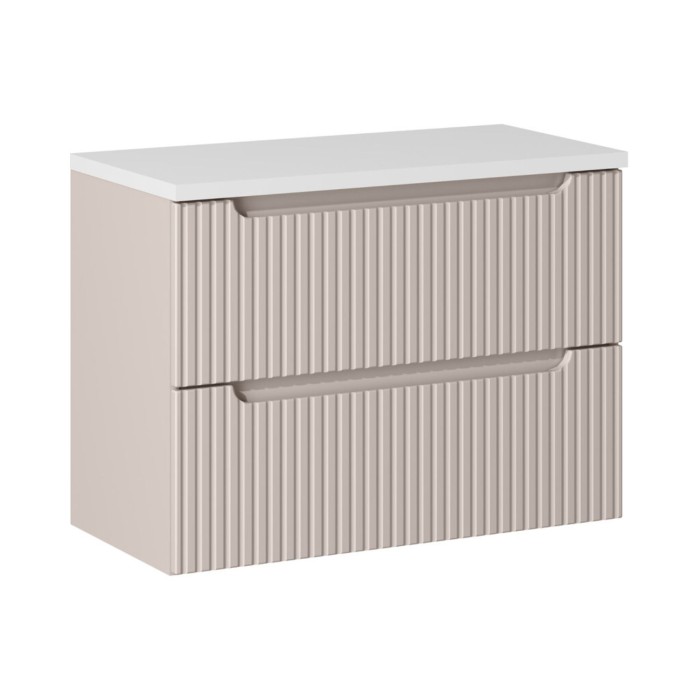 Insieme VANO cachemire e bianco 80cm: mobile sottolavabo con cassetti scanalati verticalmente + piano per lavabo bianco opaco