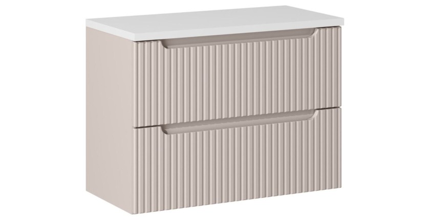 Ensemble VANO cachemire et blanc 80cm : meuble sous vasque à tiroirs rainuré verticalement + plan pour vasque blanc mat