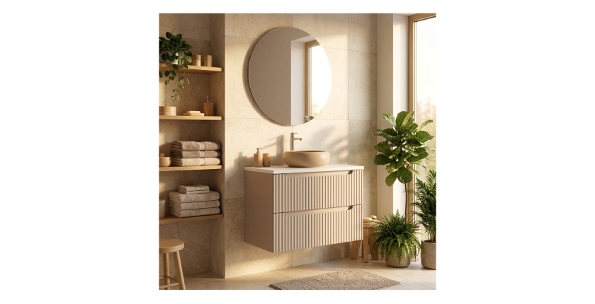 Ensemble VANO cachemire et blanc 80cm : meuble sous vasque à tiroirs rainuré verticalement + plan pour vasque blanc mat