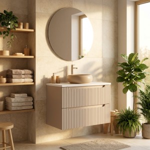 Ensemble VANO cachemire et blanc 80cm : meuble sous vasque à tiroirs et plan pour vasque mis en situation