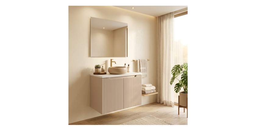 Ensemble VANO cachemire et blanc 80cm : meuble sous vasque à placards et plan pour vasque mis en situation