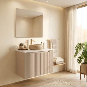 Ensemble VANO cachemire et blanc 80cm : meuble sous vasque à placards et plan pour vasque mis en situation