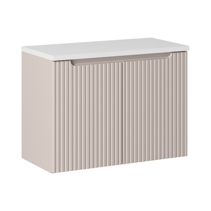 Insieme VANO cachemire e bianco 80cm : mobile sottolavabo con armadietti scanalati verticalmente + piano per lavabo bianco opaco