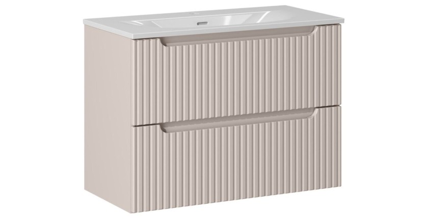 Ensemble VANO cachemire et blanc 80cm : meuble sous vasque à tiroirs rainuré verticalement + vasque encastrée blanche