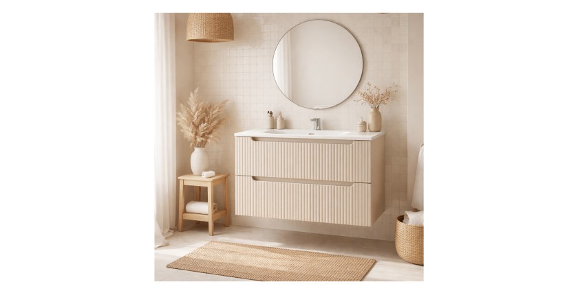 Ensemble VANO cachemire et blanc 80cm : meuble sous vasque à tiroirs rainuré verticalement + vasque encastrée blanche