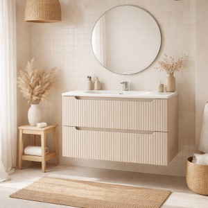 Ensemble VANO cachemire 80cm : meuble sous vasque à tiroirs et vasque encastrée mis en situation