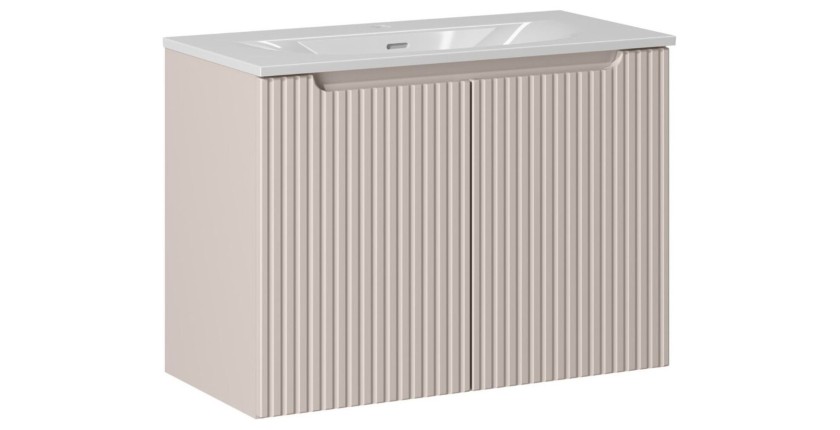 Ensemble VANO cachemire et blanc 80cm : meuble sous vasque à placards rainuré verticalement + vasque encastrée blanche