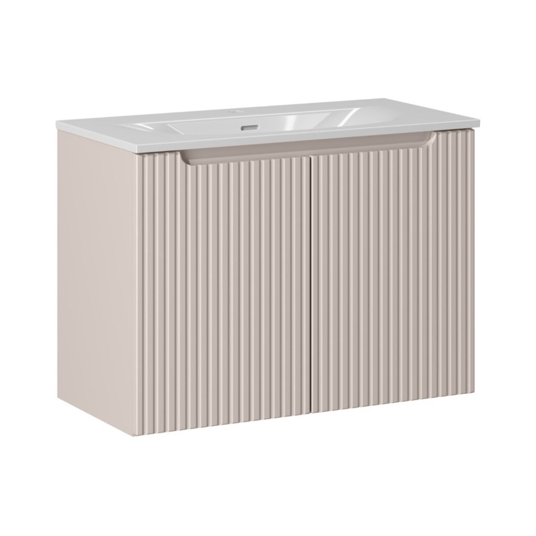 Ensemble VANO cachemire et blanc 80cm : meuble sous vasque à placards rainuré verticalement + vasque encastrée blanche