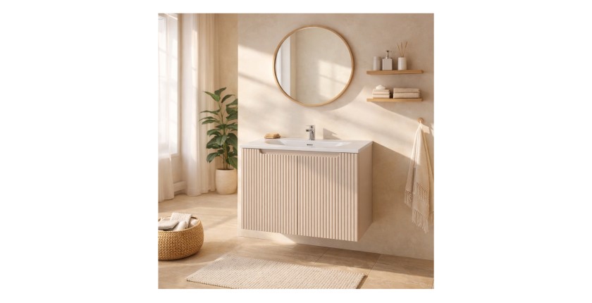 Ensemble VANO cachemire et blanc 80cm : meuble sous vasque à placards rainuré verticalement + vasque encastrée blanche