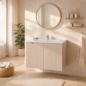 Ensemble VANO cachemire 80cm : meuble sous vasque à placards et vasque encastrée mis en situation