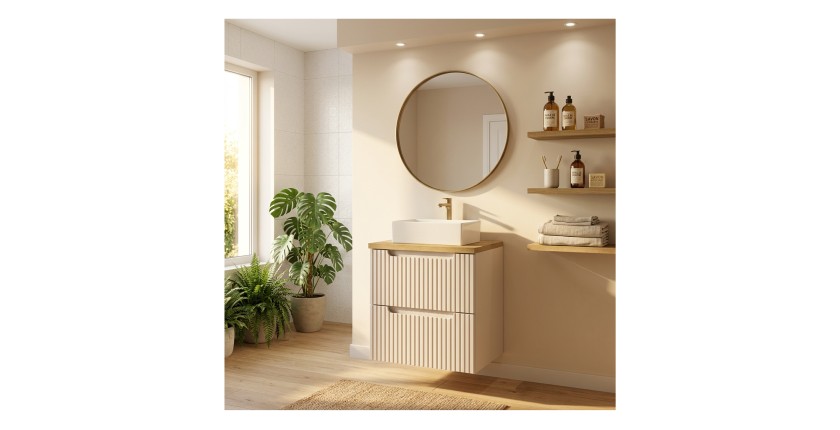 Ensemble VANO cachemire et chêne 50cm : meuble sous vasque à tiroirs + plan pour vasque + vasque à poser rectangulaire