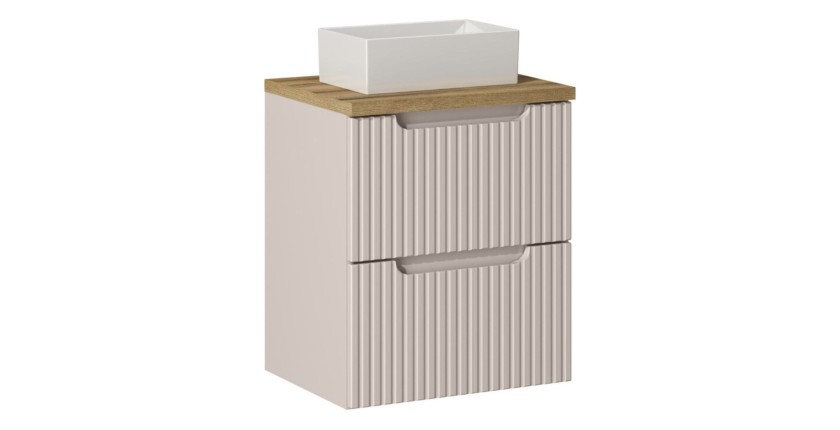 Ensemble VANO cachemire et chêne 50cm : meuble sous vasque à tiroirs + plan pour vasque + vasque à poser rectangulaire