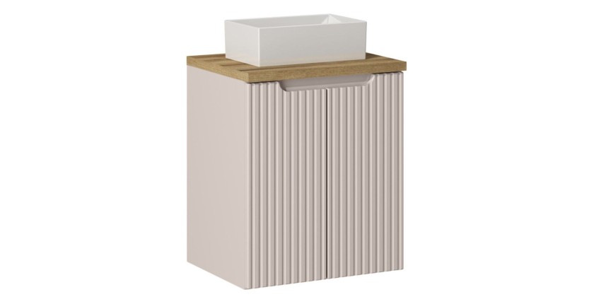 Ensemble VANO cachemire et chêne 50cm : meuble sous vasque à placards + plan pour vasque + vasque à poser rectangulaire