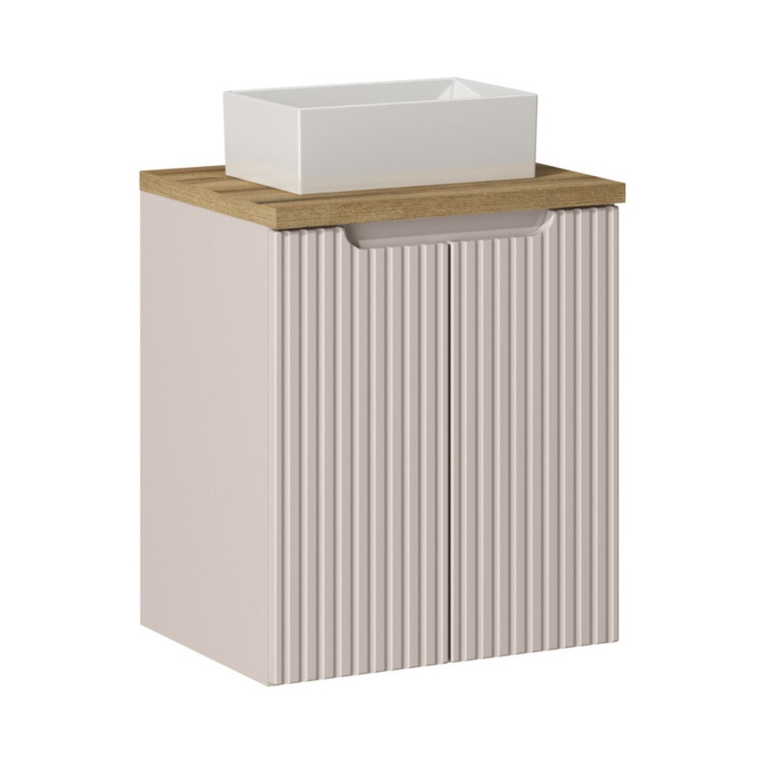 Ensemble VANO cachemire et chêne 50cm : meuble sous vasque à placards + plan pour vasque + vasque à poser rectangulaire