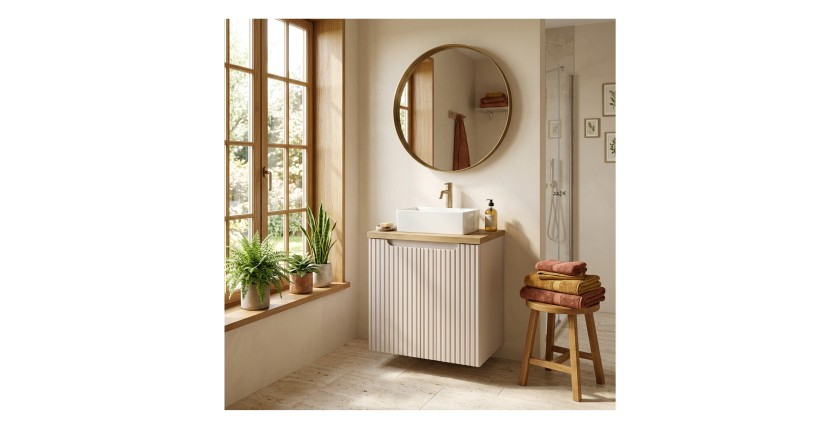 Ensemble VANO cachemire et chêne 50cm : meuble sous vasque à placards + plan pour vasque + vasque à poser rectangulaire