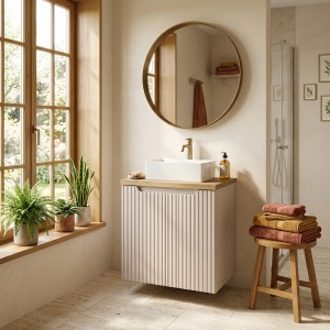 Ensemble VANO cachemire et chêne 50cm : meuble sous vasque, plan pour vasque et vasque à poser rectangulaire mis en situation