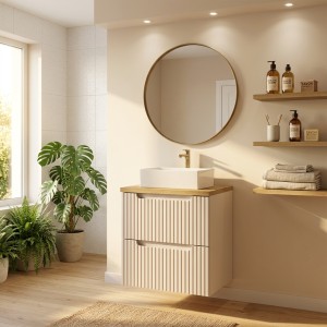 Ensemble VANO cachemire et chêne 50cm : meuble sous vasque à tiroirs et plan pour vasque mis en situation