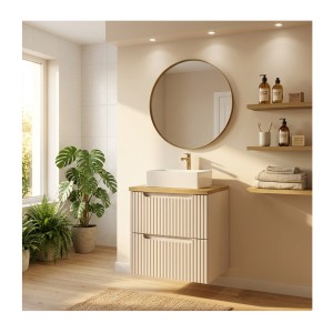 Ensemble VANO cachemire et chêne 50cm : meuble sous vasque à tiroirs et plan pour vasque mis en situation