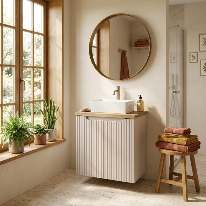 Badezimmer-Set VANO Kaschmir und Eiche 50cm: Unterschrank mit vertikal gerillten Türen + Platte für Waschbecken