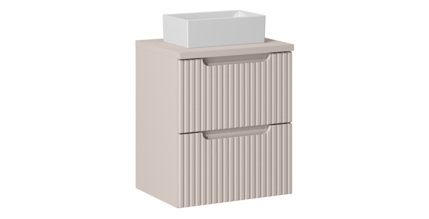 Ensemble VANO cachemire mat 50cm : meuble sous vasque à tiroirs + plan pour vasque + vasque à poser rectangulaire blanche