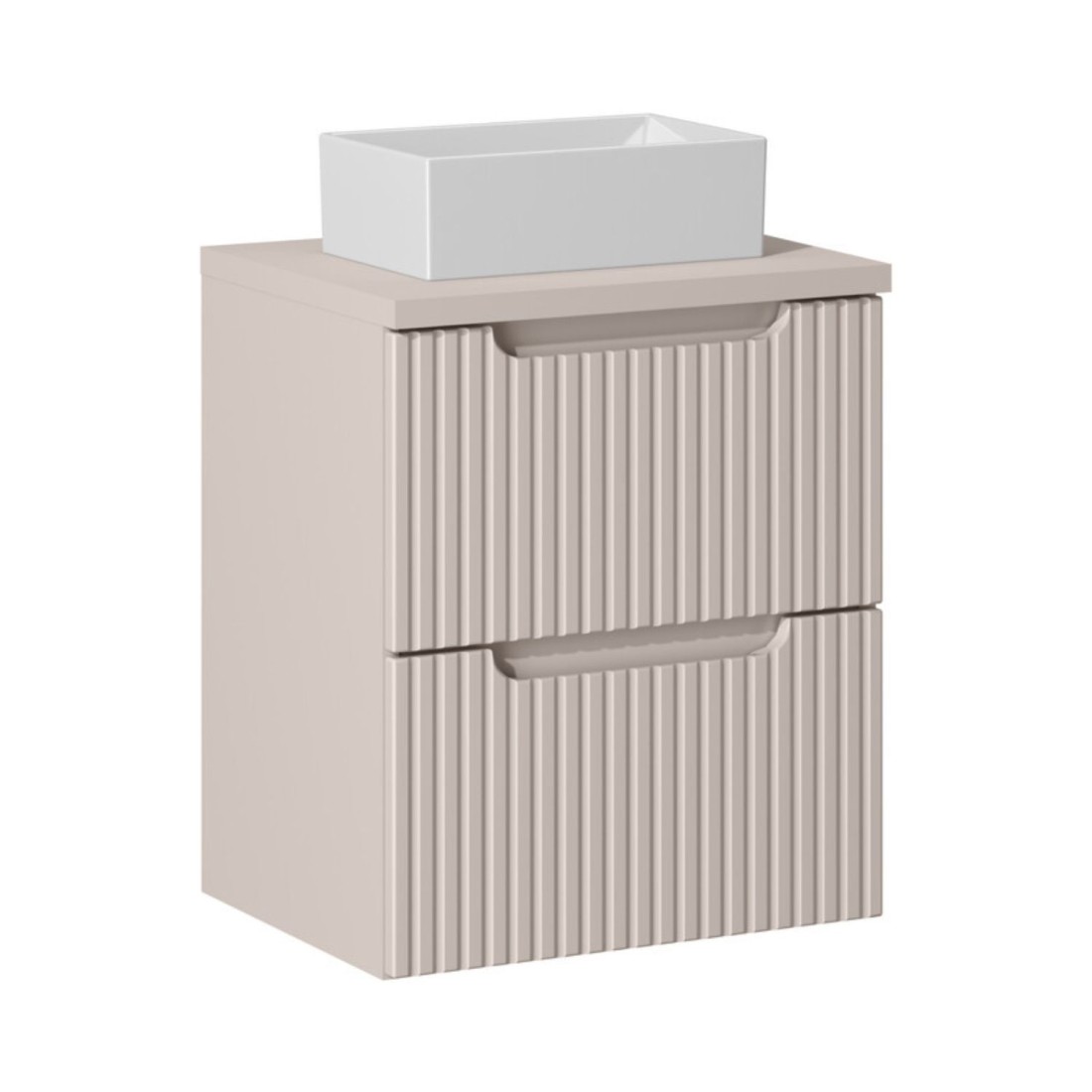 Ensemble VANO cachemire mat 50cm : meuble sous vasque à tiroirs + plan pour vasque + vasque à poser rectangulaire blanche