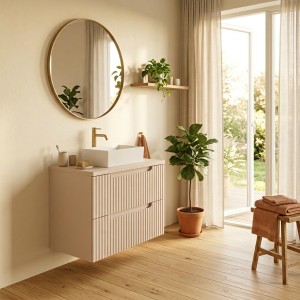 Ensemble VANO cachemire 50cm : meuble sous vasque, plan pour vasque et vasque à poser rectangulaire mis en situation