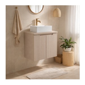 Ensemble VANO cachemire mat 50cm : meuble sous vasque à placards + plan pour vasque + vasque à poser rectangulaire blanche